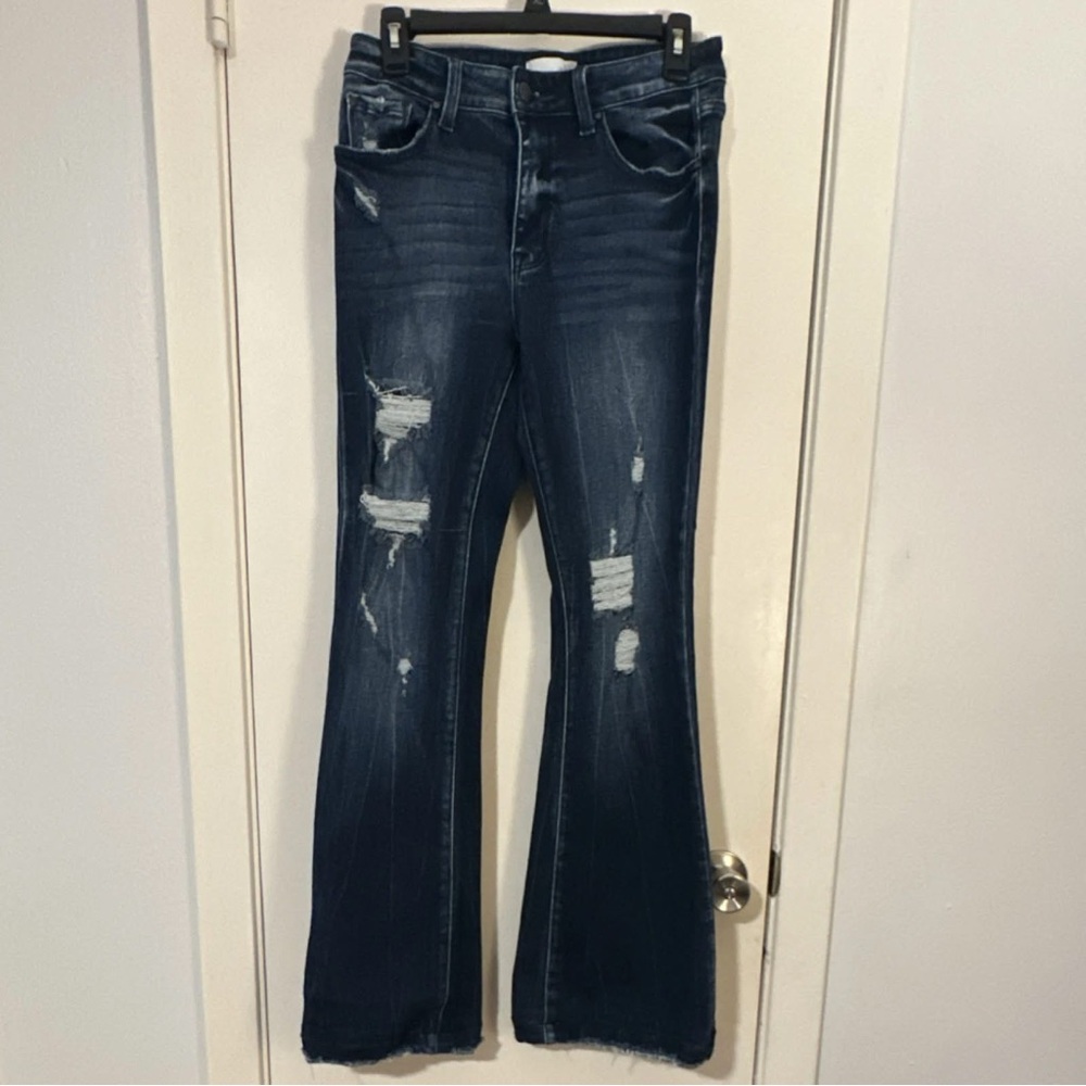 Petra Women's Distressed Flared Jeans Dark Blue Denim Button Zipper